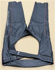 HARLEY DAVIDSON BLACK PERFORATED LEATHER CHAPS WITH ORANGE PIPING